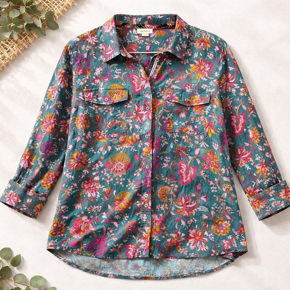 Sundance Women's Button Up Shirt XL 100% Cotton Teal Floral Boho Cottagecore